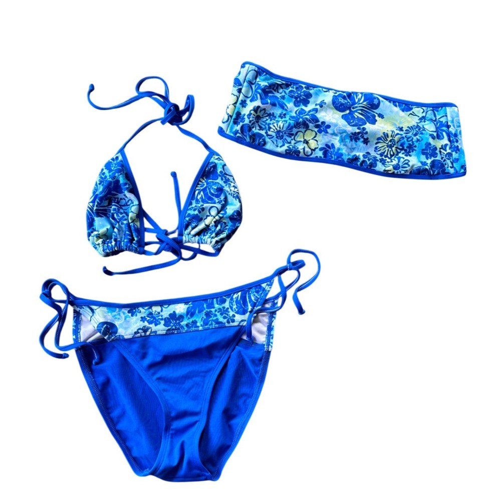 Blue Tropical Floral 3 Piece Bikini Set Triangle Bandeau Tops & Bottoms Smally2k